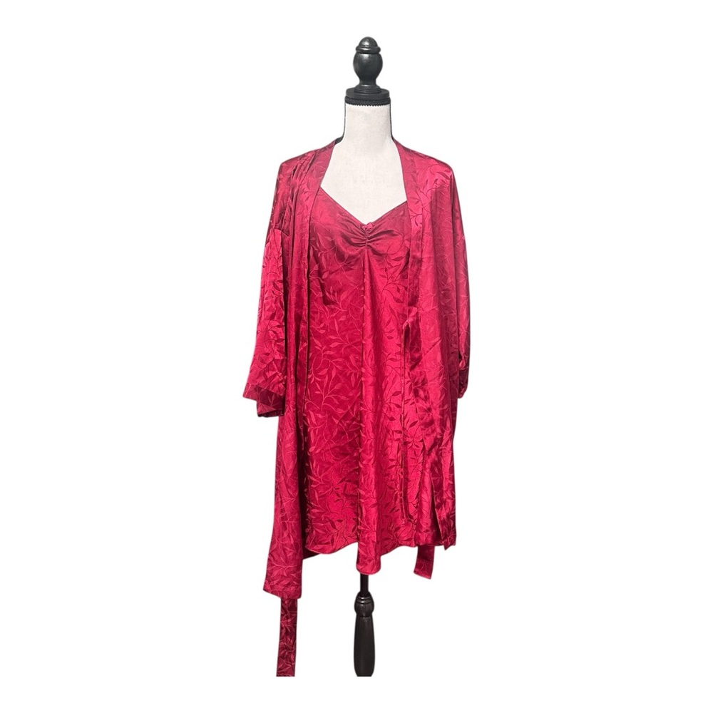 Vintage Sophia Satin Robe & Slip Set Red Floral Jacquard M